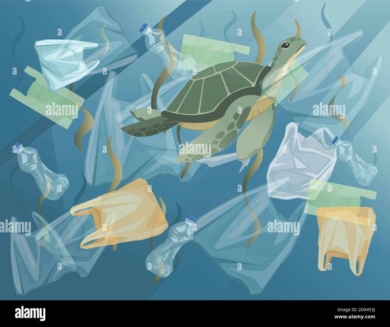 Ocean with polluted water plastic bags and bottles turtle in dirty