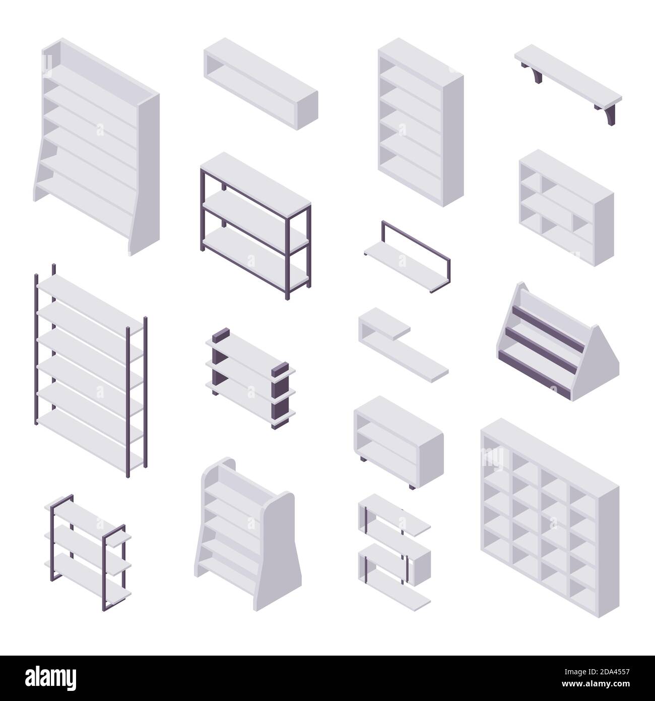 Bookshelf isometric - collection of various cases and shelves for books for home and store interior design. Stock Vector