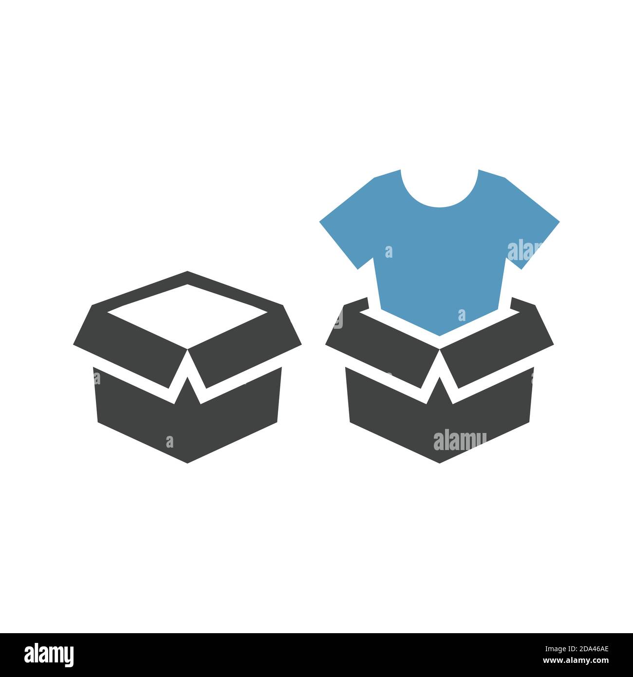 Open box with t-shirt black vector icon. Parcel, delivery cardboard container with blouse symbol. Stock Vector