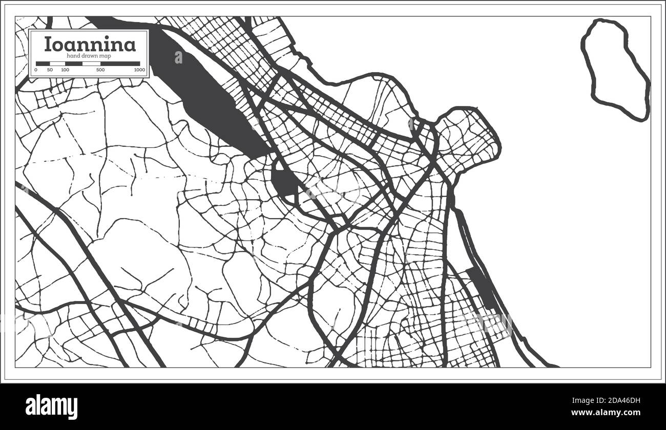Ioannina Greece City Map in Black and White Color in Retro Style. Outline Map. Vector Illustration. Stock Vector
