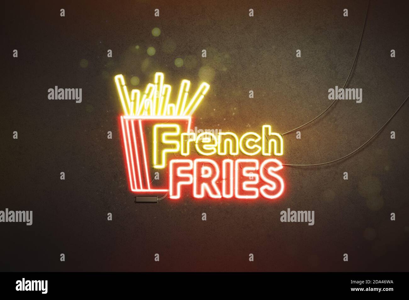 Neon french fries sign dark concrete wall, luminous font mockup Stock Photo