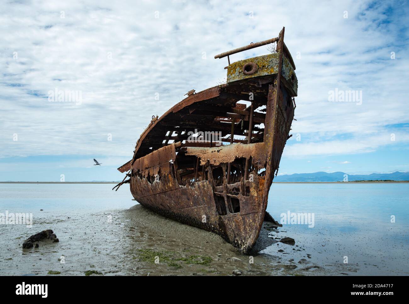 Janie Seddon Shipwreck on the Motueka foreshore, Nelson Tasman Stock Photo