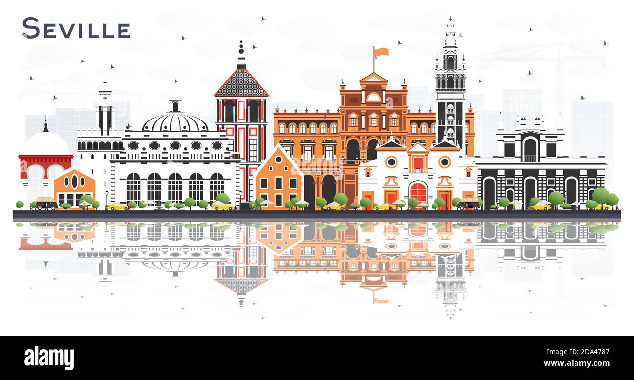 Seville Spain City Skyline with Color Buildings and Reflections Isolated on White. Vector Illustration. Stock Vector