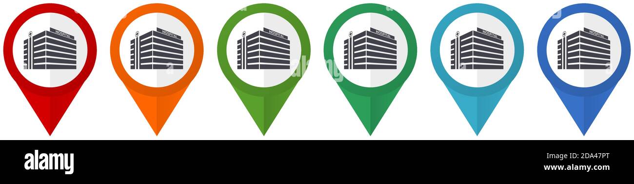 Hospital building vector pointers, set of colorful flat design icons ...