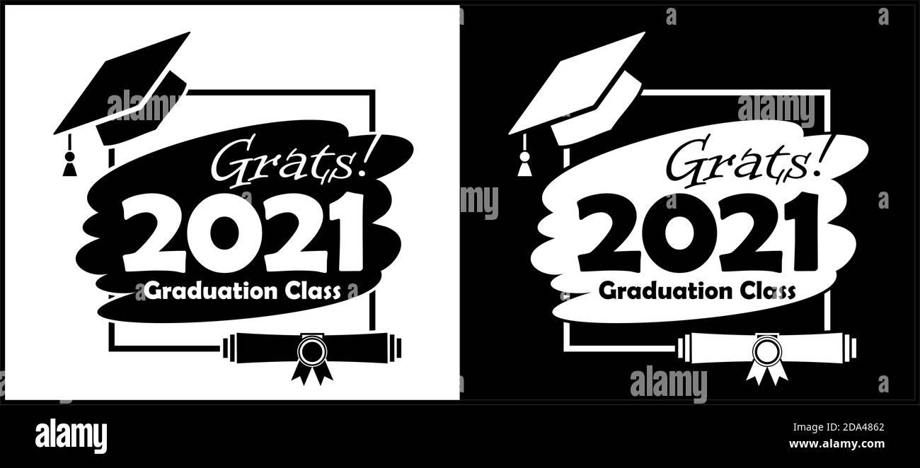 Class of 2021 with Graduation Cap and diploma. Flat simple black and white design. Illustration, vector Stock Vector