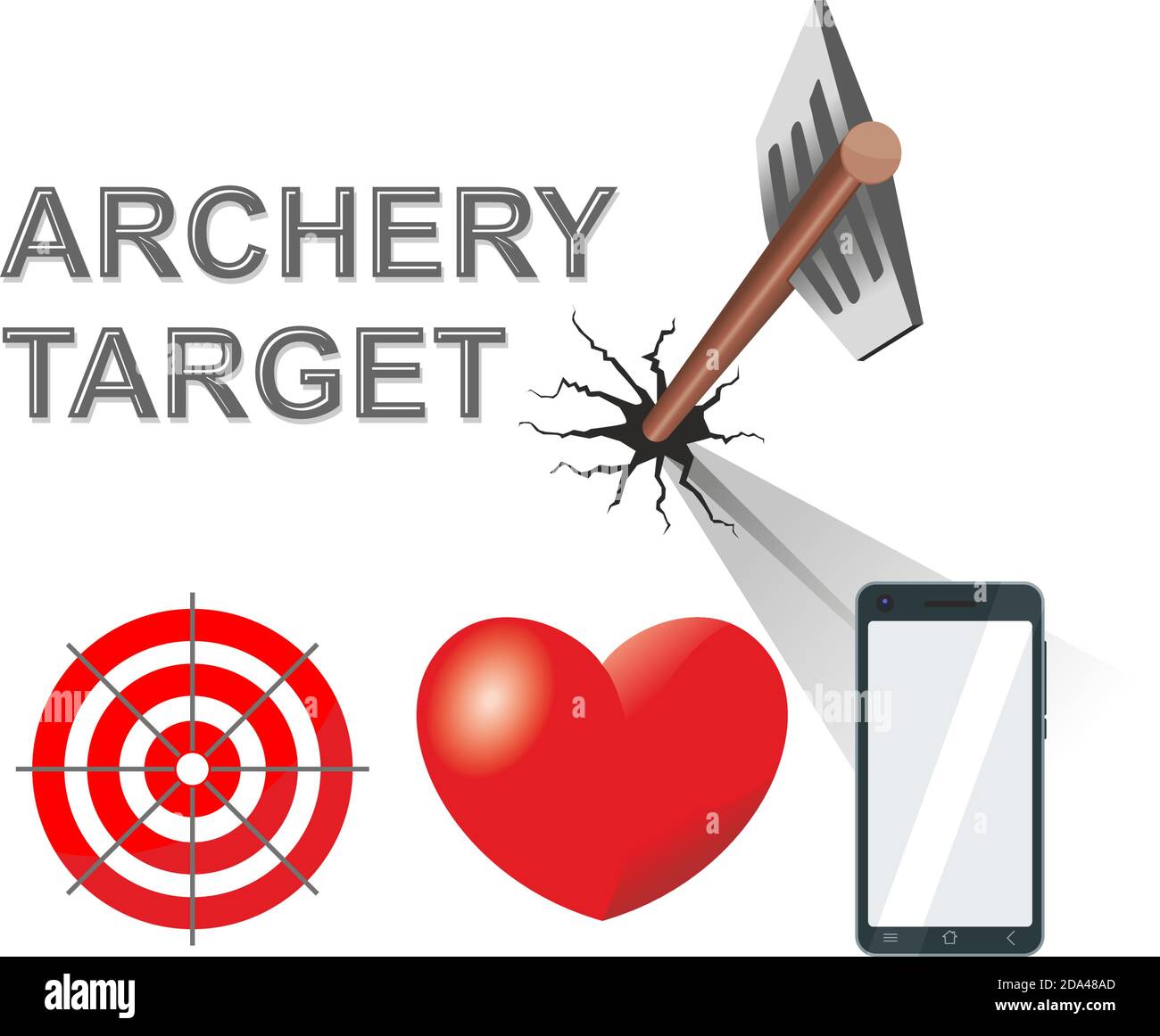 Arrow from a bow pierced the target. Choice of goals - target, heart, smartphone screen. Illustration, vector Stock Vector