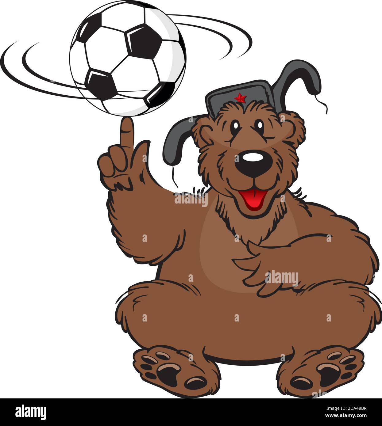 Russian bear in a cap with earflaps sitting on a football field. Stock Vector