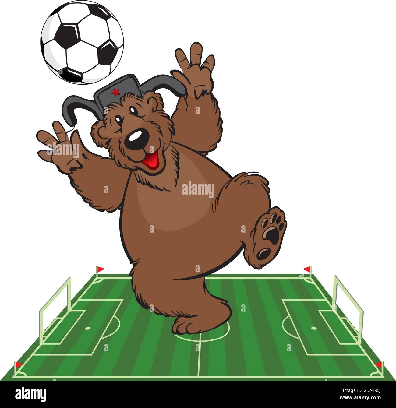 Brown bear goalkeeper in cap with earflaps is catching a soccer ball in a football stadium Stock Vector