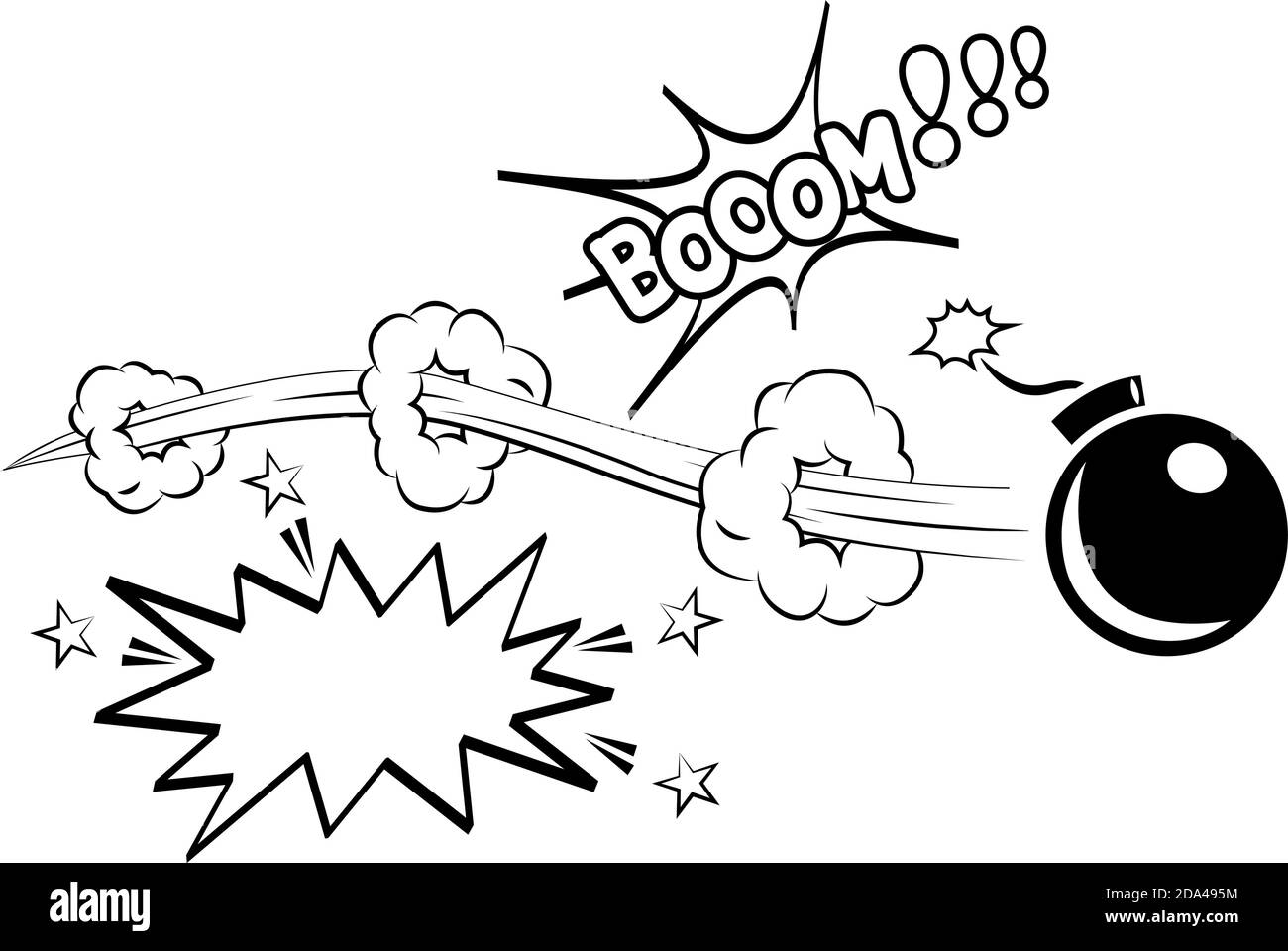Shot from cannon. Flying bomb. Set Funny comic element. Cloud and smoke about blast. Line and trace. Black and white Hand drawn shot. Cartoon illustra Stock Vector