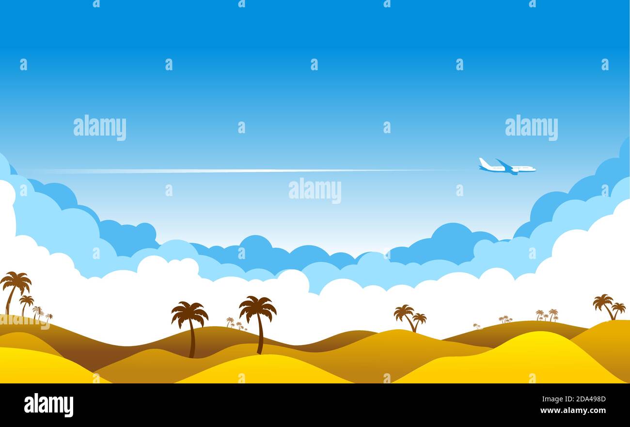 Blue sky with clouds and an airplane flying over yellow sandy desert. Airliner over an oasis in desert with palm trees. Illustration, vector Stock Vector