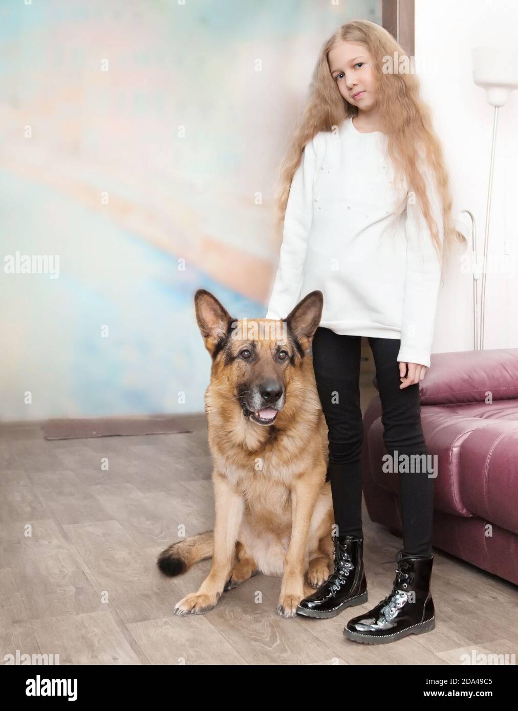 teenage girl and her friendly big dog are standing in the livin Stock ...