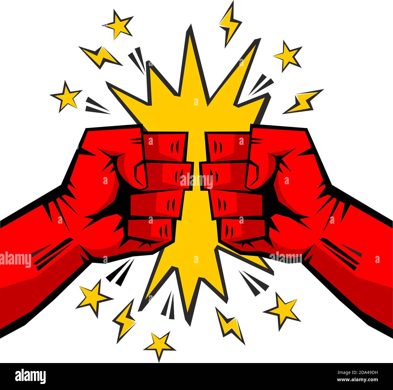 Two clenched fists bumping together. Fist fight, fight without rules comic picture. The concept of conflict, confrontation, resistance, competition, s Stock Vector