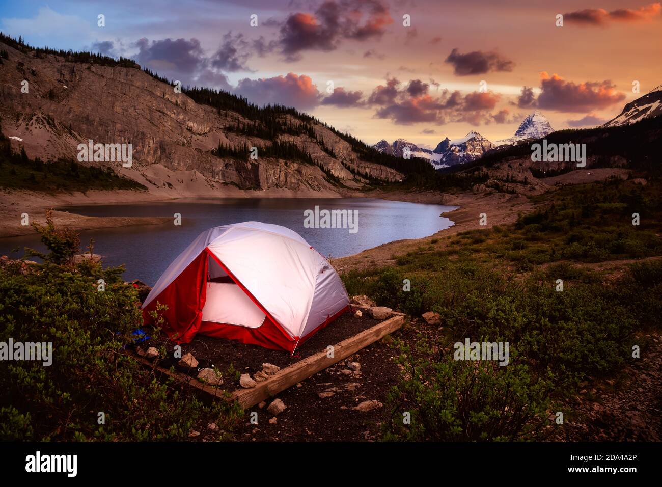 Camping Tent in the Iconic Mt Assiniboine Provincial Park Stock Photo