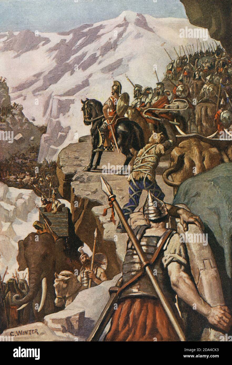 Hannibal crossing the Alps in 218 BC on his way to invade Italy during the Second Punic War.  After a work by Charles Winter. Stock Photo