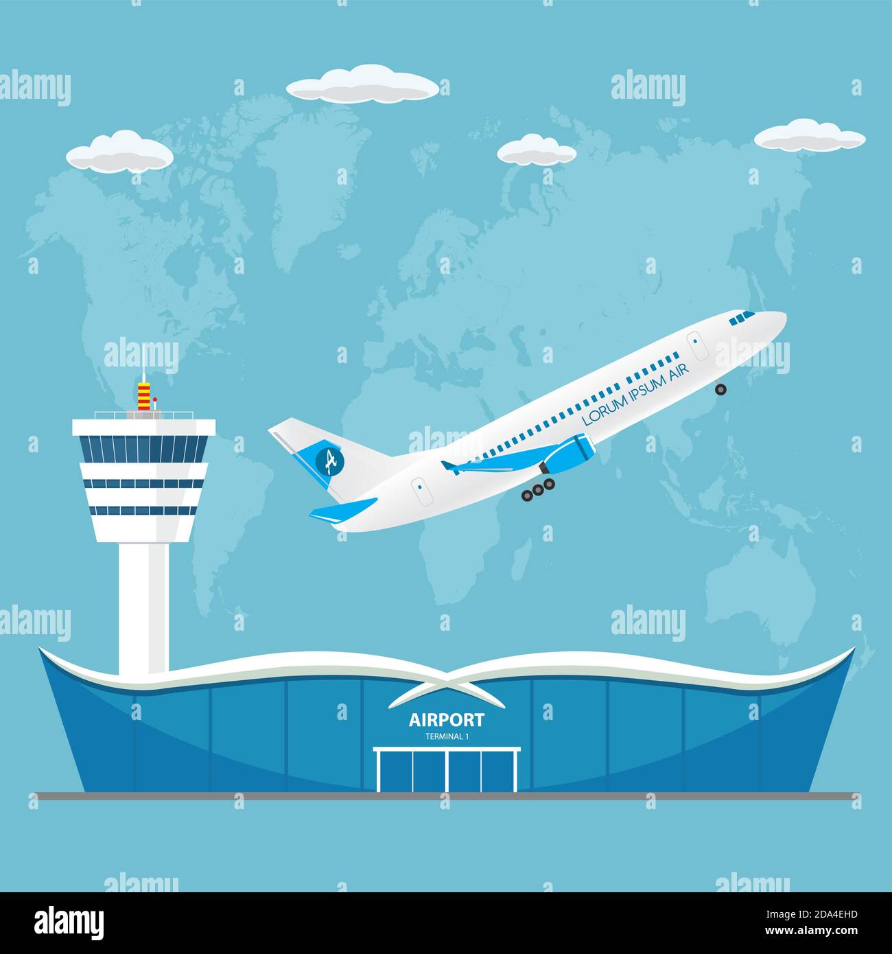 Modern Airport building, control tower, runway and takeoff airc Stock