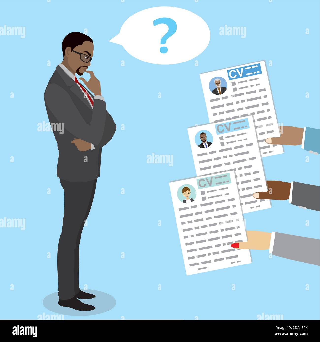 African american Businessman makes a choice between CV candidate Stock Vector
