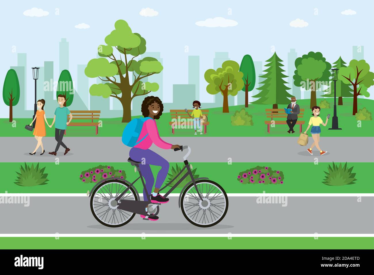 African american woman cyclist riding in the park, Stock Vector