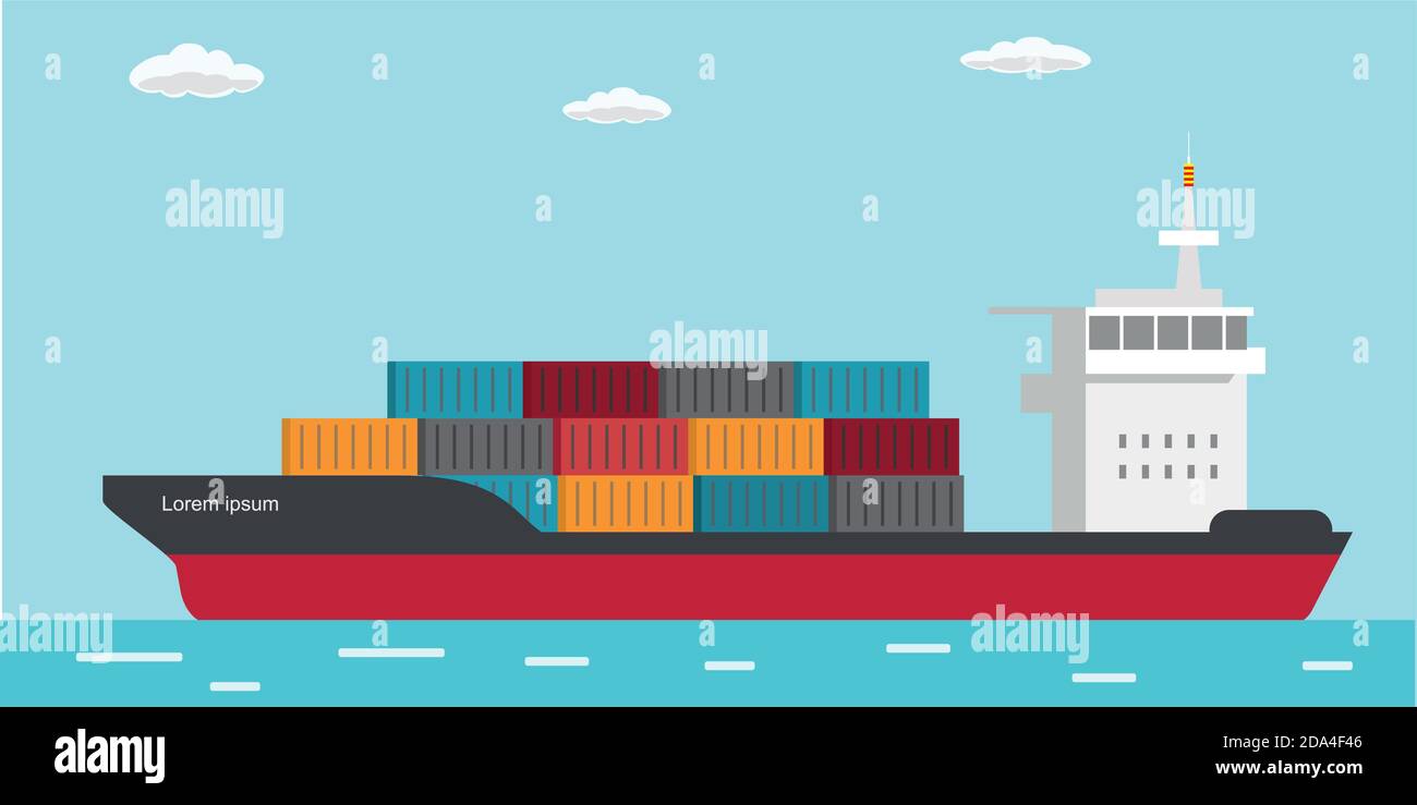 Container ship in sea, vessel boat transport Stock Vector