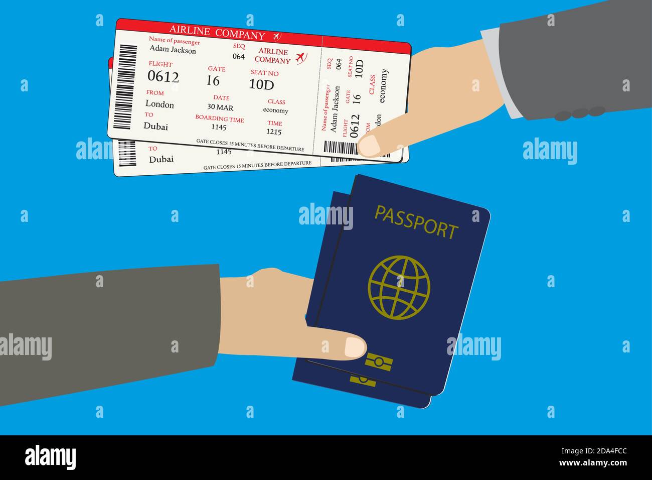 One hand give boarding pass tickets and second hand holding pass Stock Vector