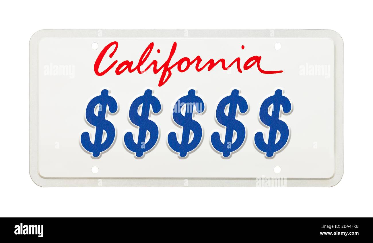 California License Plate with Money Symbols Printed on It. Stock Photo
