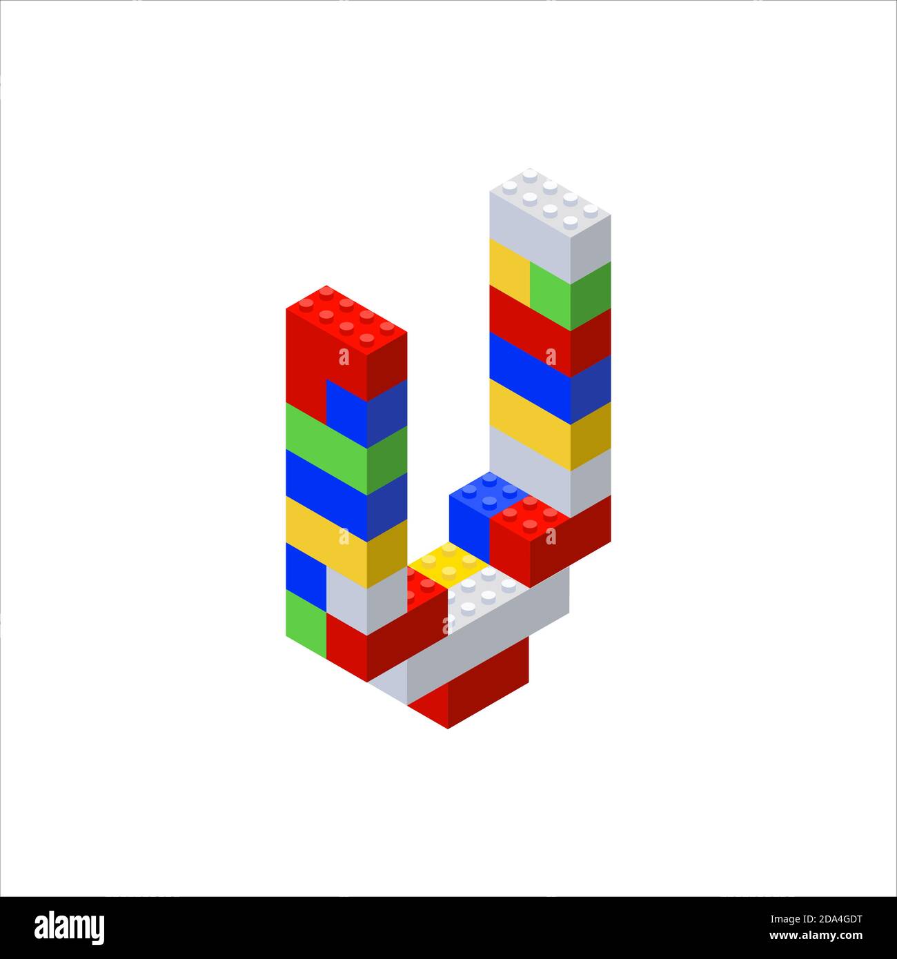 Isometric font made from color plastic blocks. The childrens designer. Letter U. Vector illustration Stock Vector