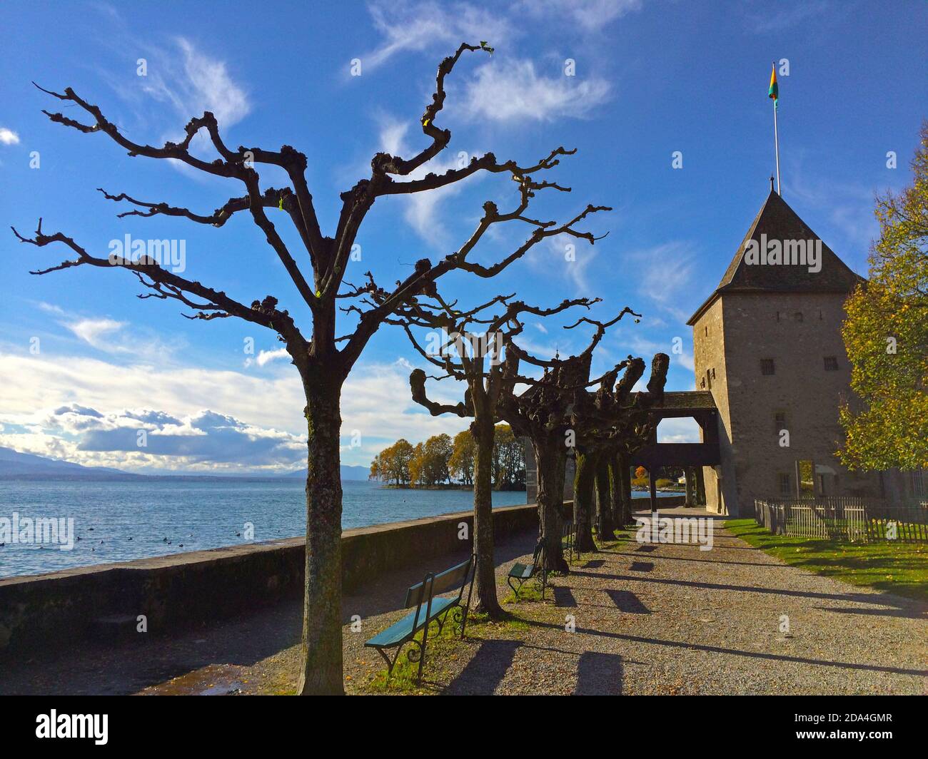 Virtually every small town in Switzerland will have a castle, and Rolle in the district of Nyon is no exception. Geneva, Switzerland. Stock Photo