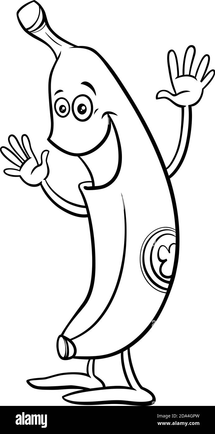 Black and white cartoon illustration of funny banana fruit comic character coloring book page Stock Vector