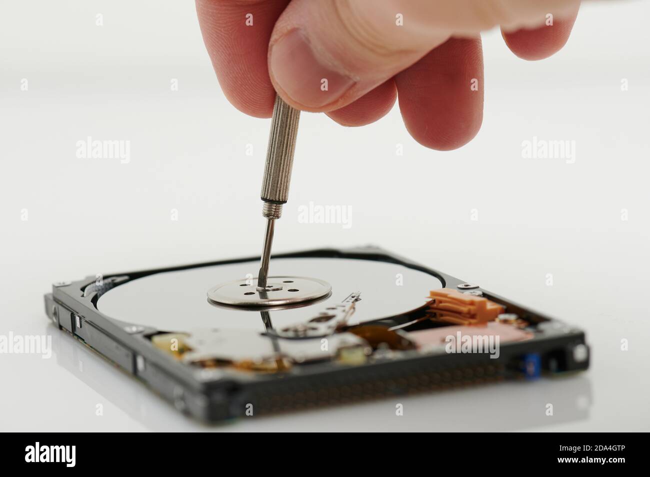 Fixing computer hard drive isolated close up view Stock Photo