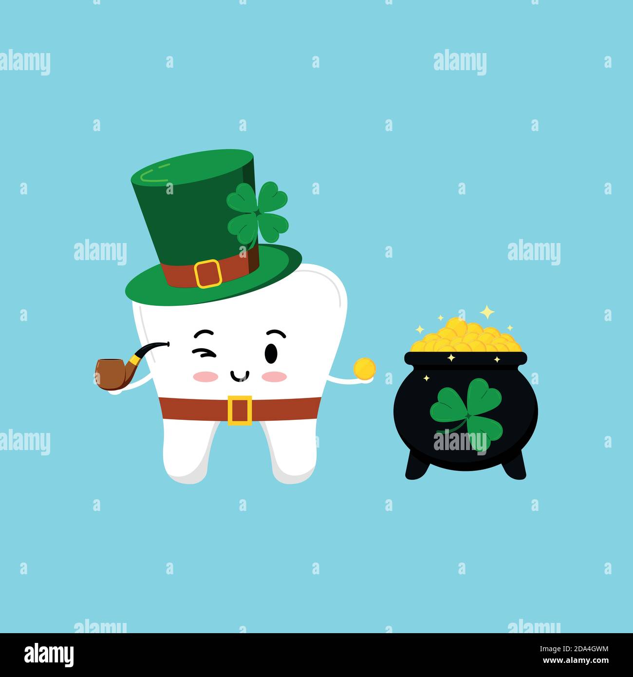 St Patrick cute tooth in leprechaun costume with pot of gold Stock