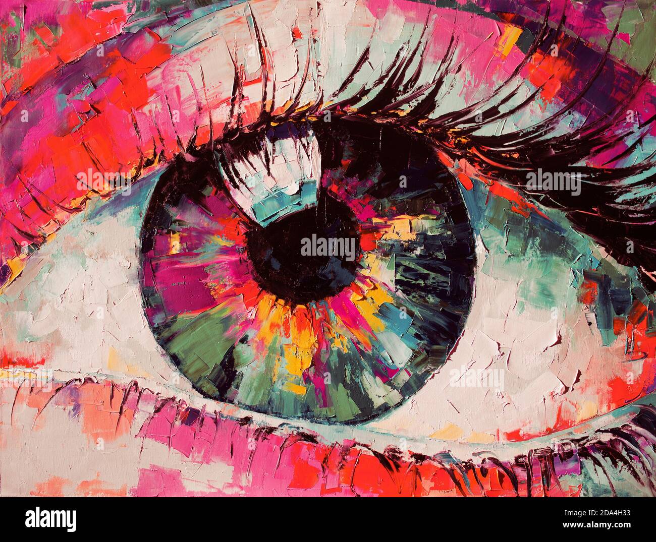 Fluorite - oil painting. Conceptual abstract picture of the eye. Conceptual abstract closeup of an oil painting and palette knife on canvas. Stock Photo