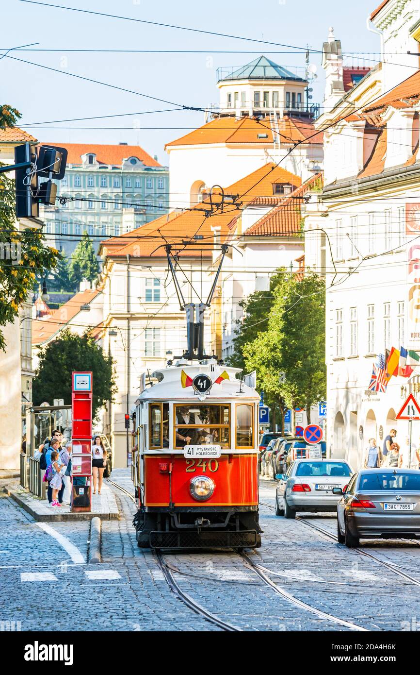 Prague, Czech republic - September 19, 2020. Historic red tramway in Ujezd street Stock Photo