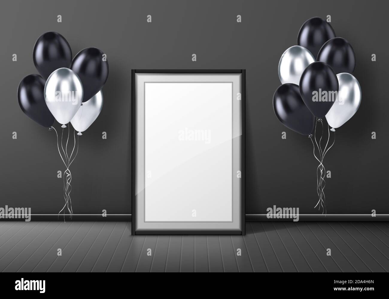 Black photo frame standing on floor in empty room with balloons. Vector realistic mockup of interior decoration with blank poster, white and black balloons for events in home, gallery or office Stock Vector