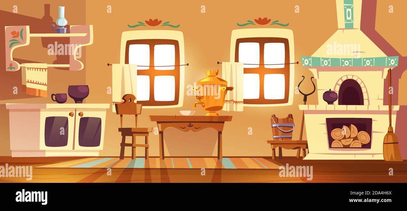 Old rural russian kitchen oven, samovar, table, chair and grip. Vector cartoon interior of traditional ukrainian ancient house with stove, wooden furniture, broom and oil lamp Stock Vector
