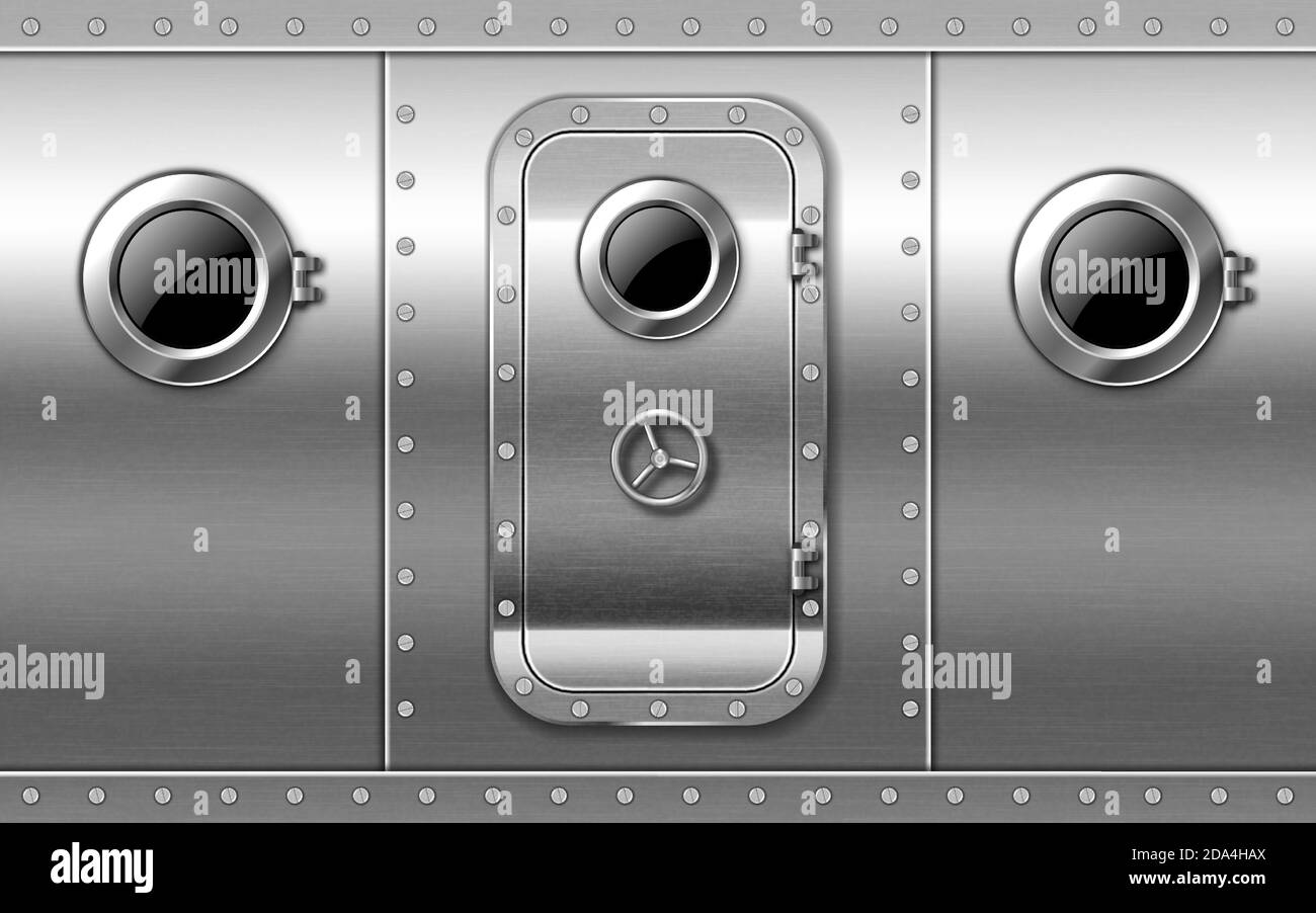 Metal door on wall with portholes and rivets, submarine or bunker close entrance. Ship or secret laboratory steel bulletproof doorway with illuminator and rotary valve lock wheel realistic 3d vector Stock Vector