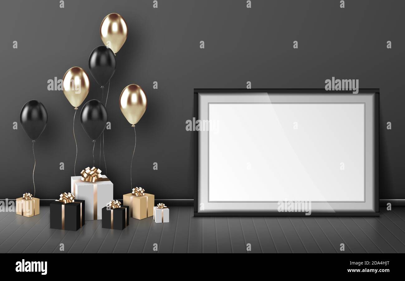 Blank frame, balloons and wrapped gift boxes of gold and black colors on grey wall background. Birthday congratulation, empty border and presents on wooden floor in room, Realistic 3d vector mockup Stock Vector