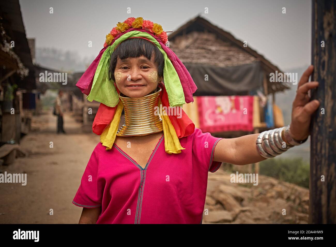 Mae Hong Son, Thailand, March 2012. Portrait of a Karen woman, also known as long-necked women because of the metal spiral they wear. Stock Photo