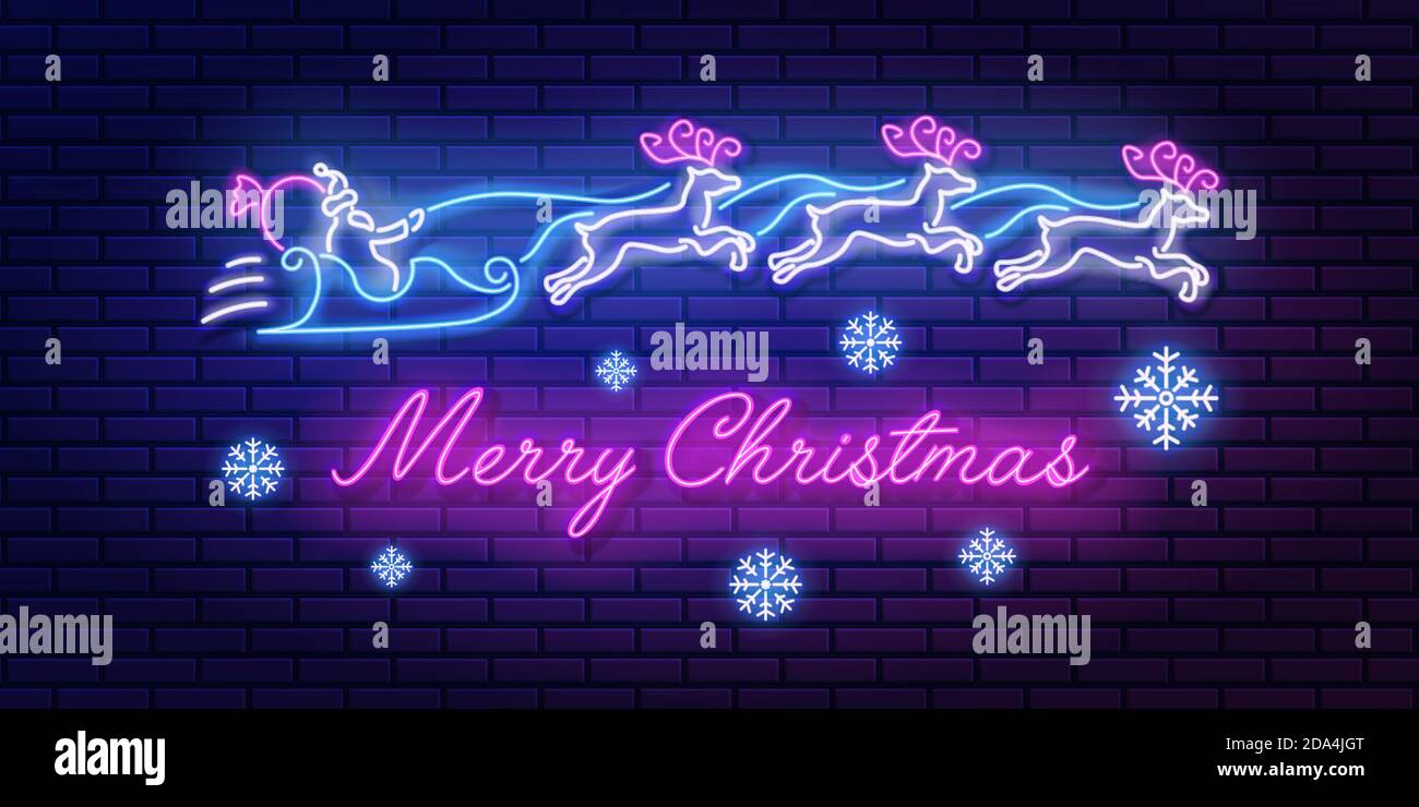 Neon sign lettering Merry christmas with santa claus and reindeer team and snowflakes on brick wall background. Glowing inscription banner, vector Stock Vector