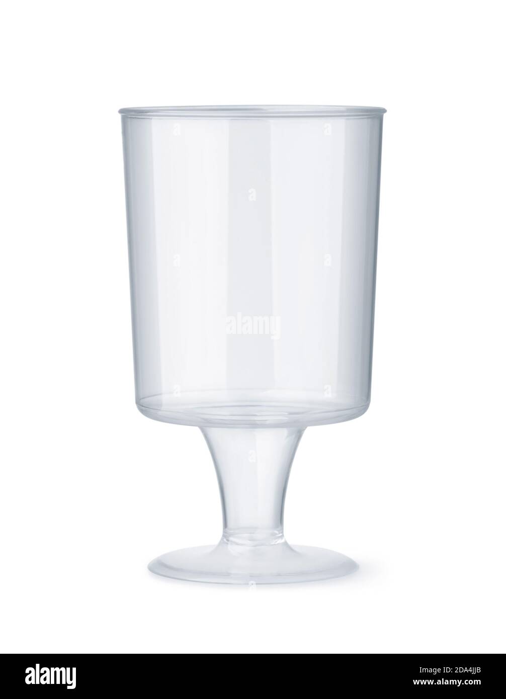 Front view of clear stemmed disposable sampling plastic shot glass isolated on white Stock Photo