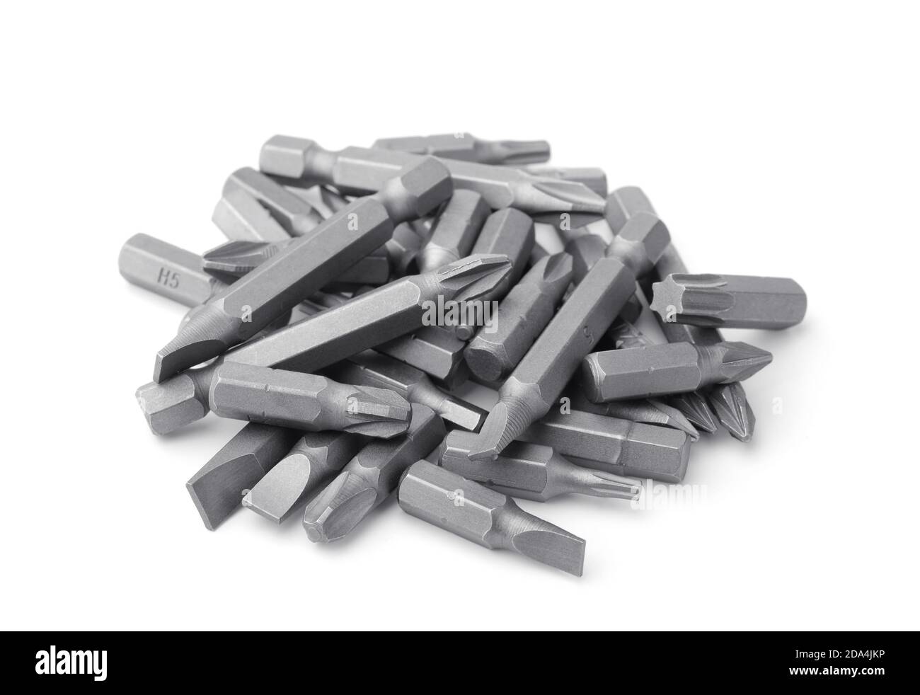 Pile of replacement impact screwdriver bits isolated on white Stock
