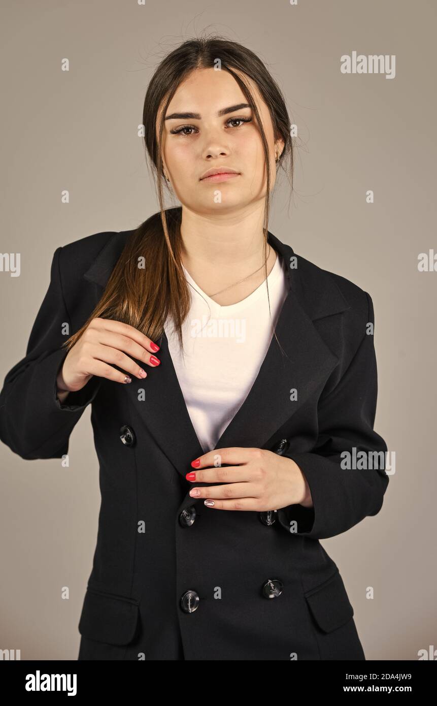 businesswoman wear formal suit. hairdresser beauty salon. cute girl has long hair. female autumn fashion. style for real woman. wear trendy color only. woman in classy elegant jacket Stock Photo - Alamy businesswoman wear formal suit. hairdresser beauty salon. cute girl has long hair. female autumn fashion. style for real woman. wear trendy color only. woman in classy elegant jacket Stock Photo - Alamy