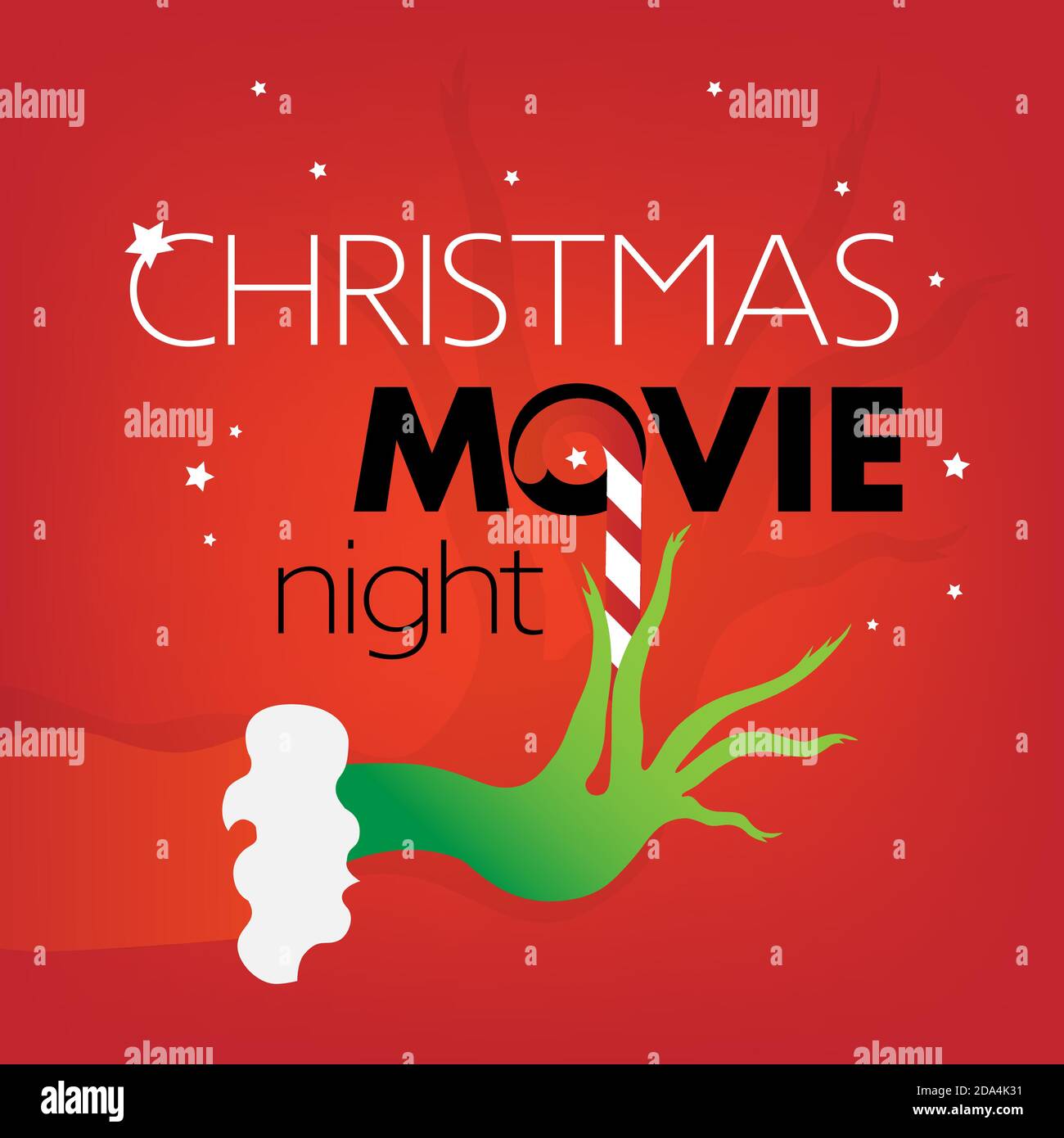 Christmas Movie Night text, Grinch green hand on red square background. Vector Illustration, web site Cover, flyer, invitation template for party Stock Vector