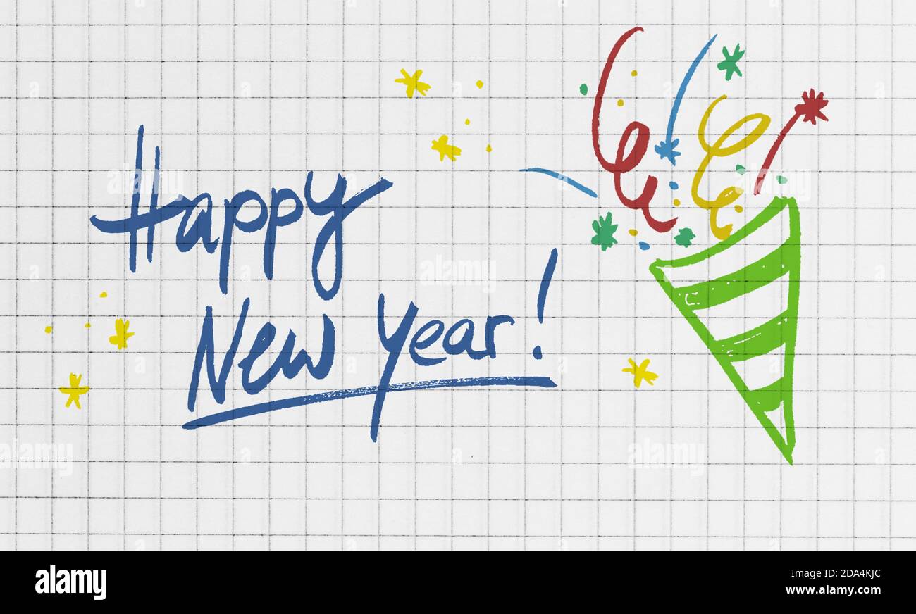 Happy New Year on checkered writing pad concept. Stock Photo