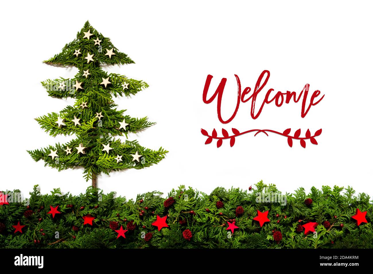 Christmas Tree Made Of Fir Branch, Text Welcome Stock Photo
