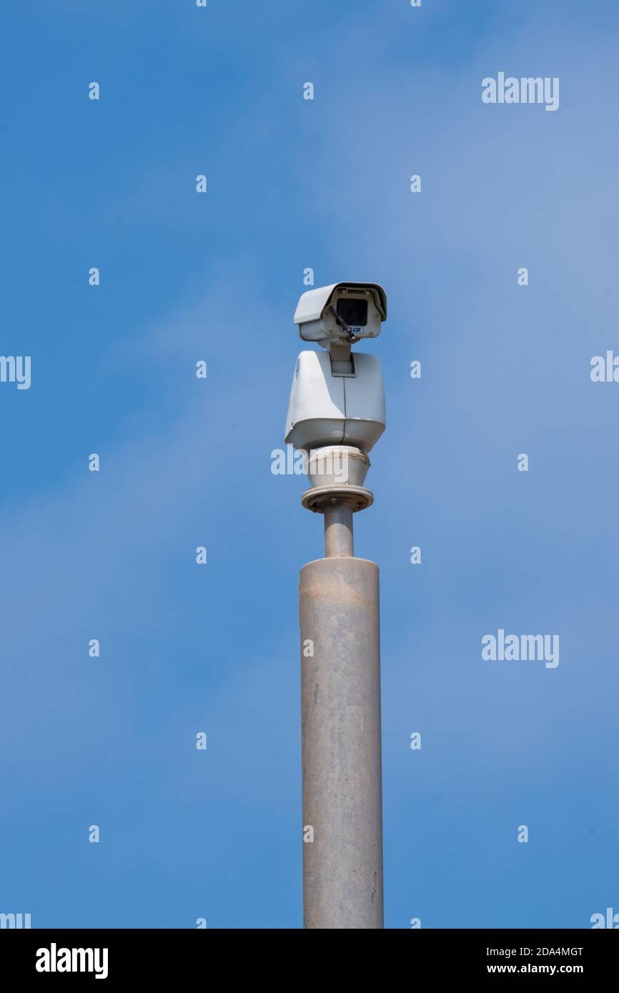 CCTV security camera on the promenade in Blackpool August 2020 Stock