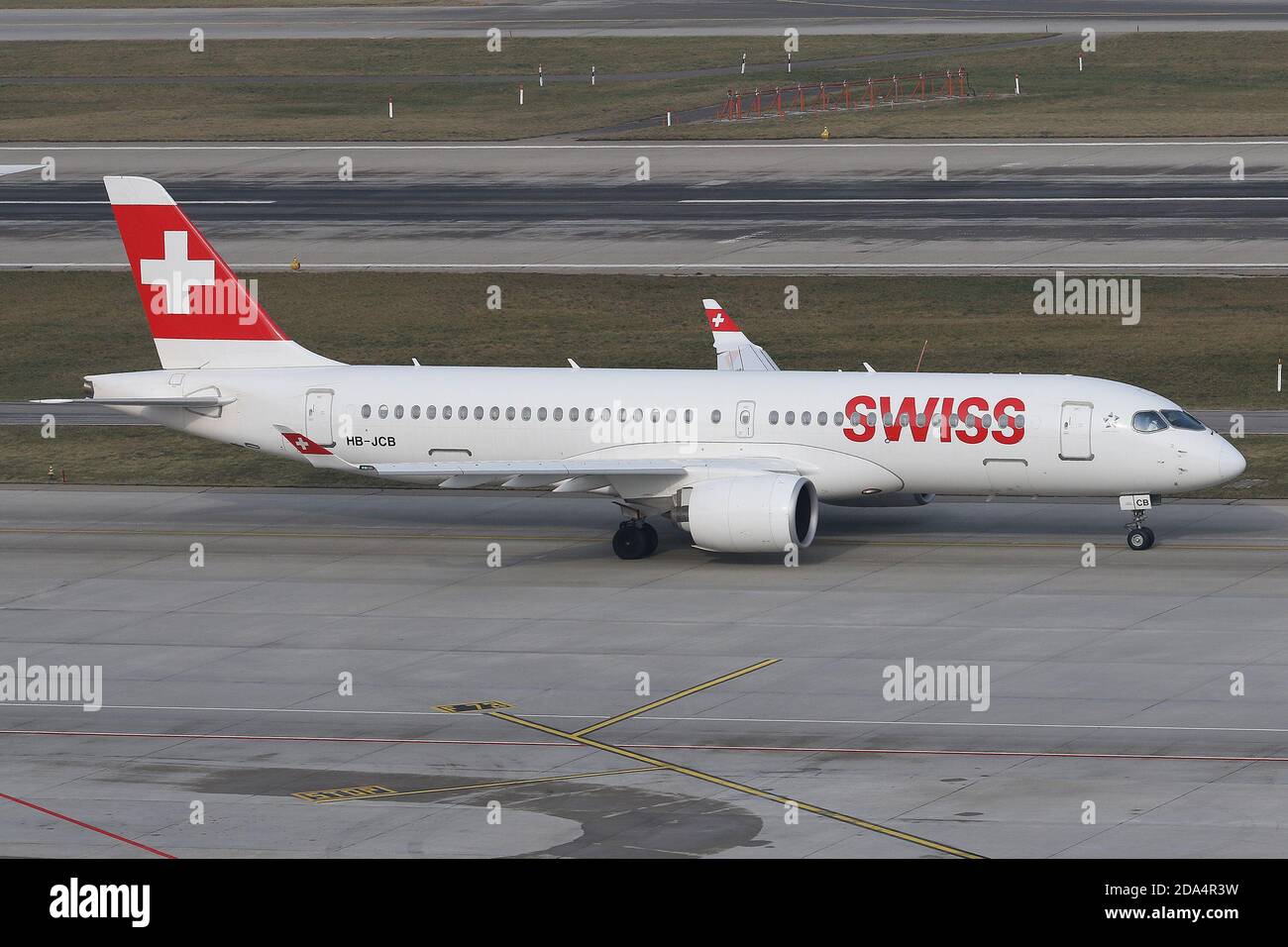 A Swiss Airlines Airbus A220 at Zurich Kloten Airport, Switzerland on 23 January 2019. (Credit: Robert Smith | MI News) Stock Photo