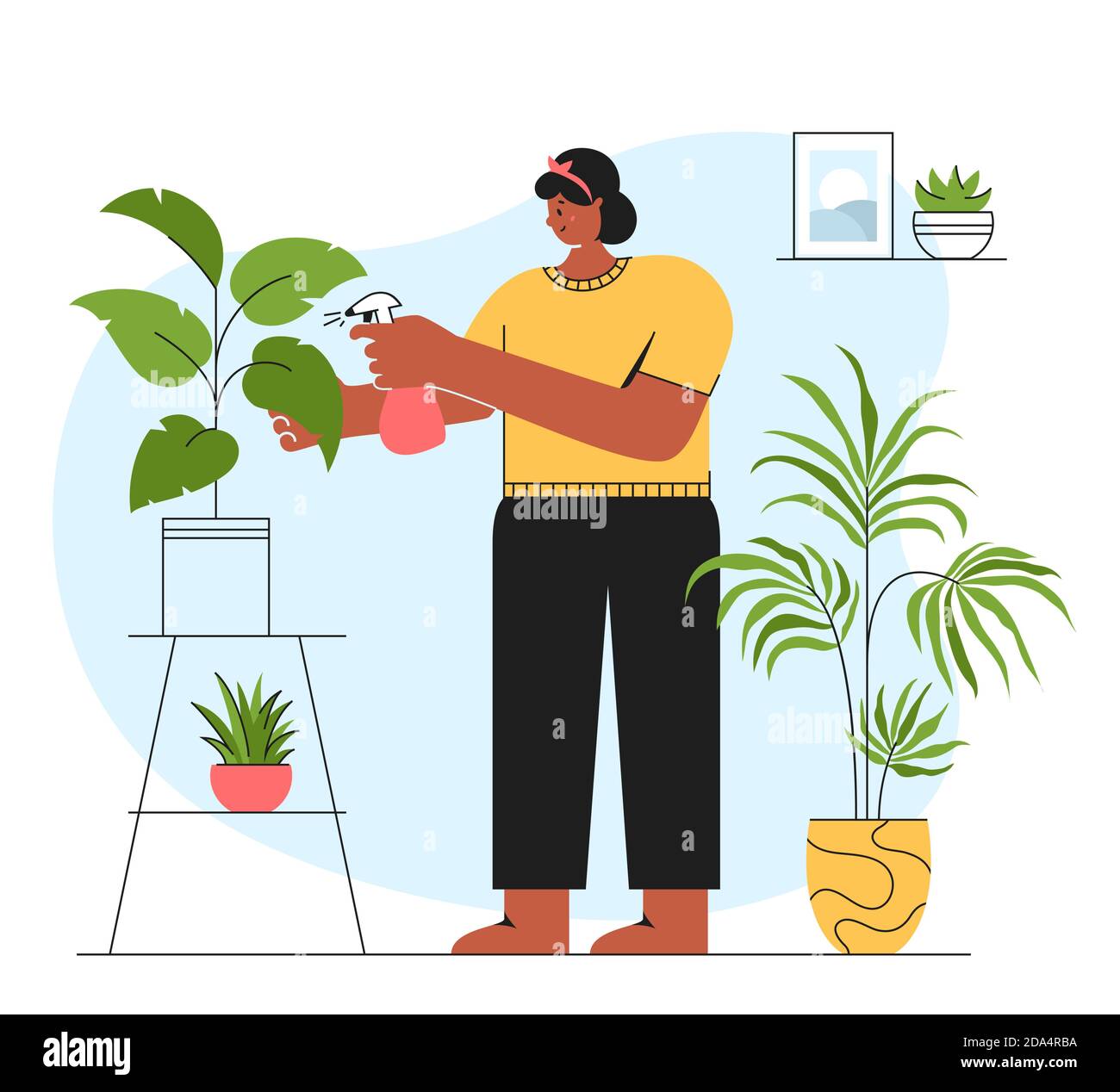 Woman care for indoor plants. Illustration isolated on white background. Stock Vector