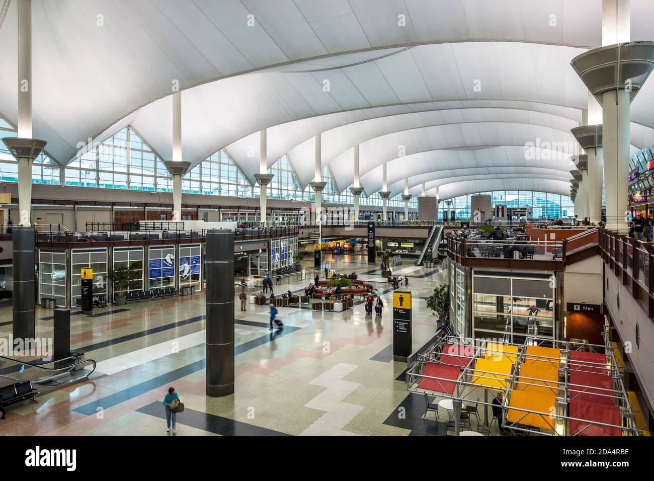Interior featuring fiberglass roof (designed by Fentress Bradburn Architects), Jeppesen Terminal Building, Denver International Airport (DIA), Denver, Stock Photo