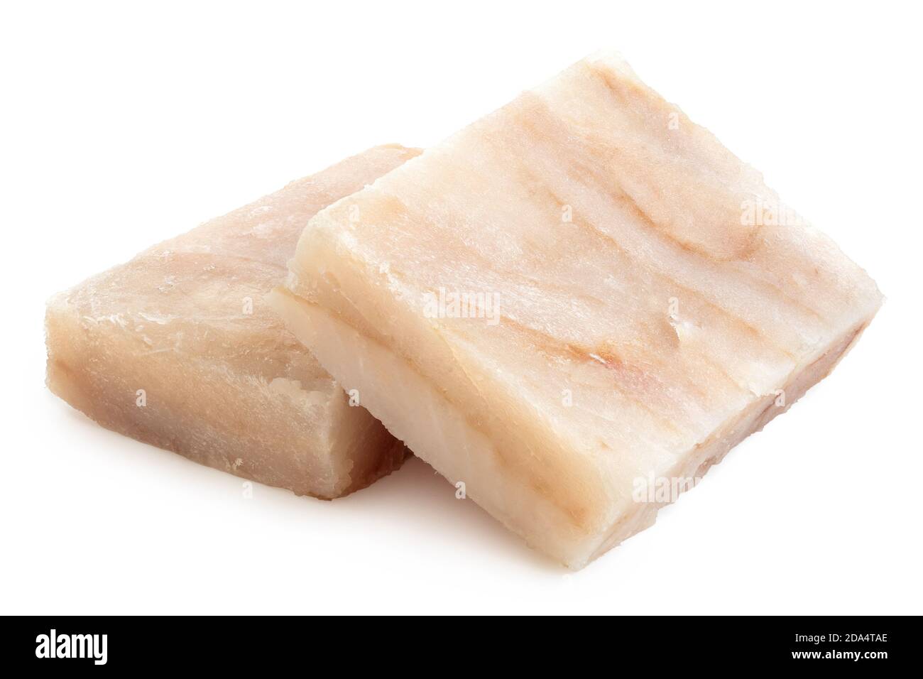 Two quick frozen pollock fillet blocks isolated on white Stock Photo