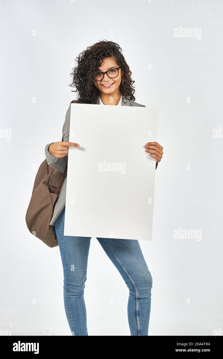 Spanish college student with white poster ready to study Stock Photo