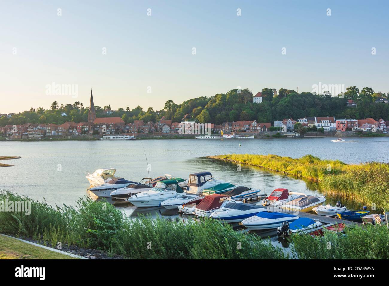 Lauenburg/Elbe: river Elbe, marina, city Lauenburg, Herzogtum Lauenburg, Schleswig-Holstein, Germany Stock Photo